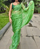 Green chiffon leheriya saree with gold border, model posing outdoors