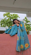 Blue Teal linen saree for office side angle 
