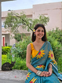 Blue Teal linen saree for office front angle