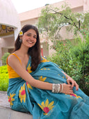 Blue Teal linen saree for office close up saree