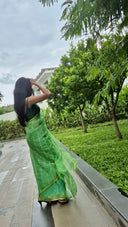 Green chiffon leheriya saree with gold border, model posing outdoors Back profile